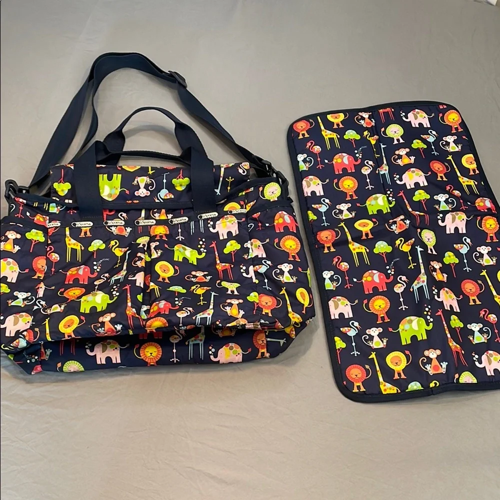 LeSportsac Ryan Diaper Bag Colorful Zoo Cute Animal Tote Baby Changing Pad Navy